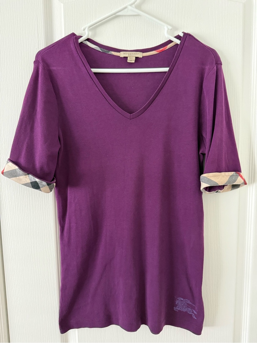 Burberry Plum V-Neck Short Sleeve Tee with Check Cuff